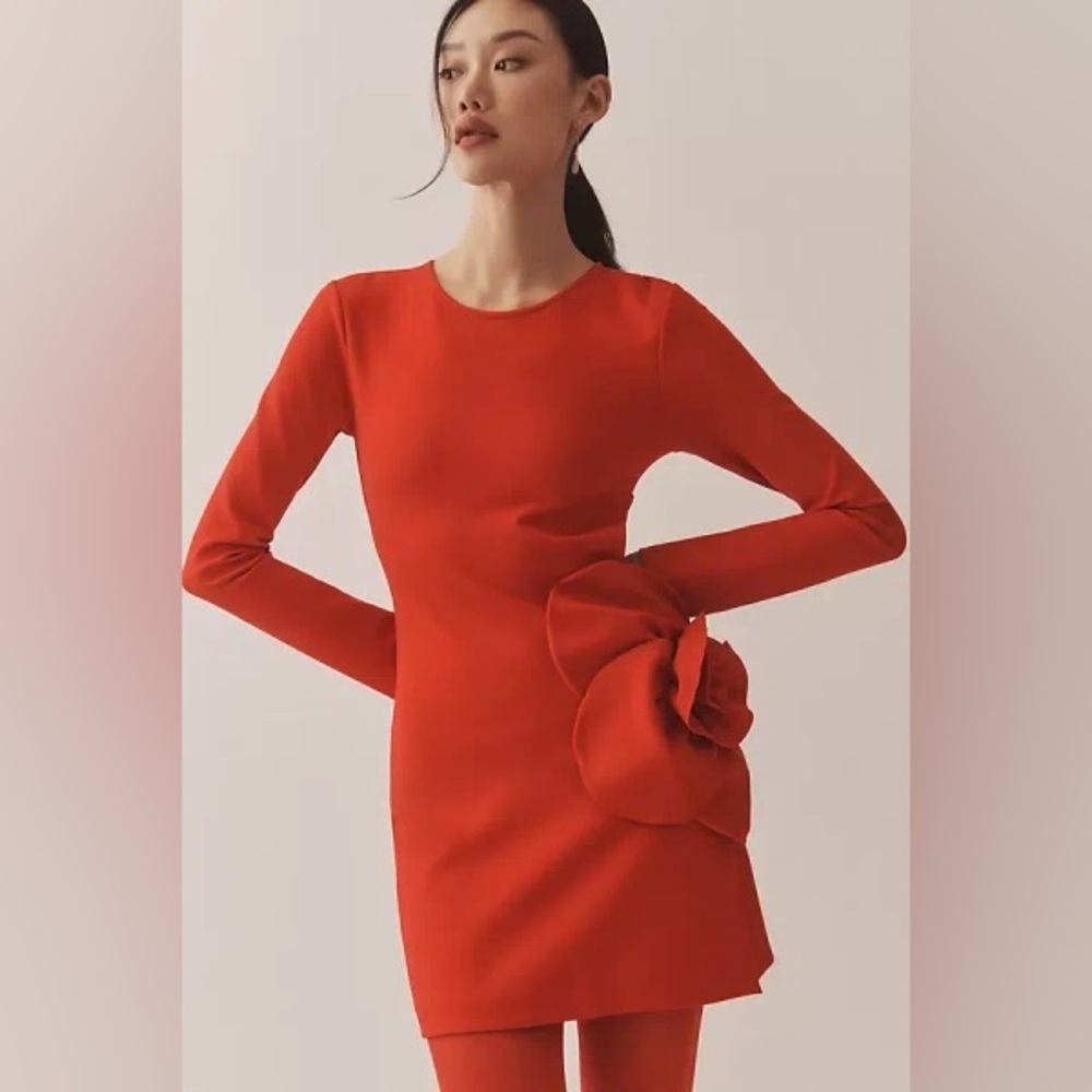 Elegant Long Sleeve Red Dress with Floral Detail